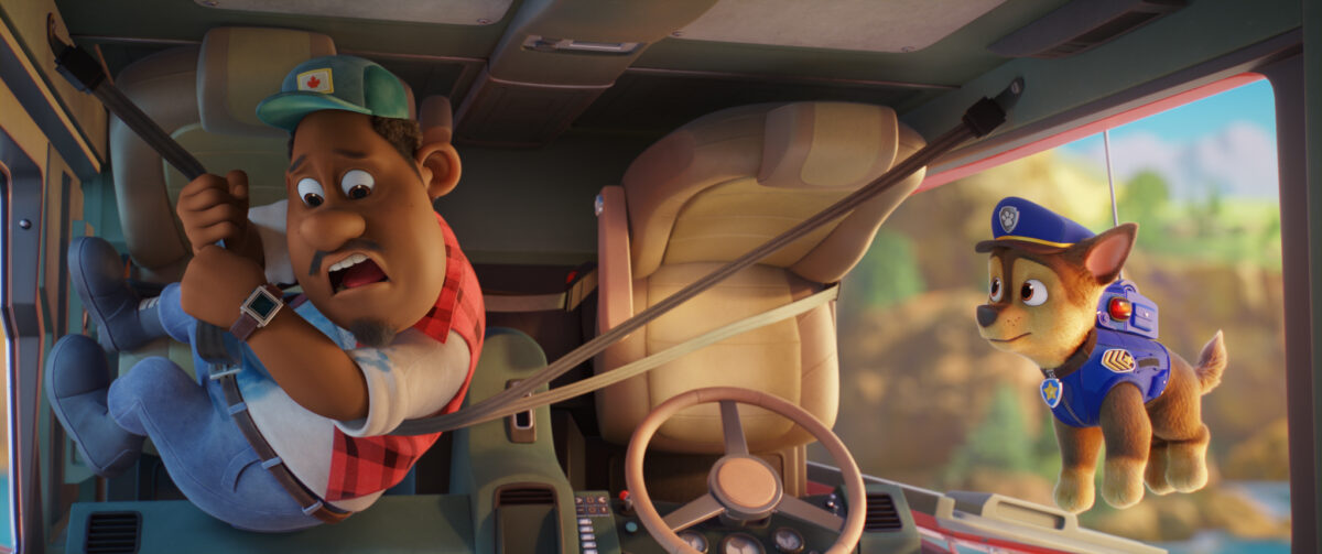 Gus (voiced by Tyler Perry) and Chase (voiced by Iain Armitage) in PAW PATROL: THE MOVIE from Paramount Pictures. Photo Credit: Courtesy of Spin Master.