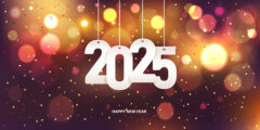 Happy new year 2025. Hanging white paper number with confetti on a colorful blurry background.